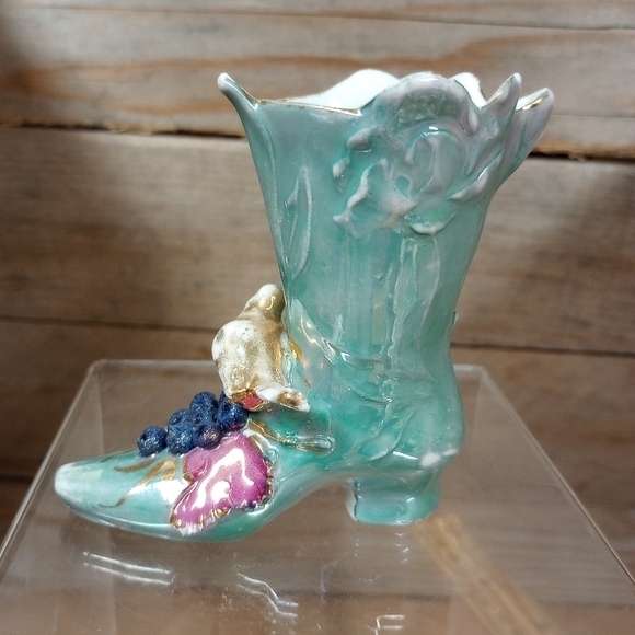 Vintage Ornate Design Bone China Shoe Made in Germany Green Pearlized. - Picture 2 of 11